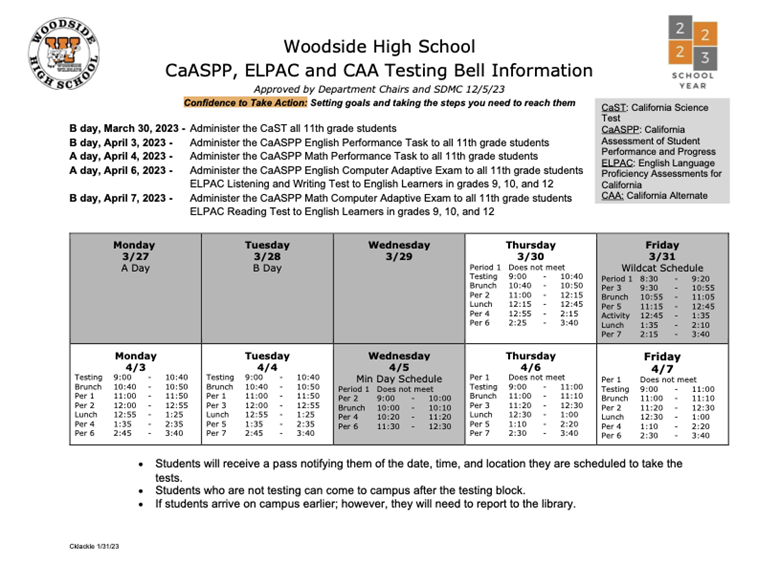 2023 Testing Schedule